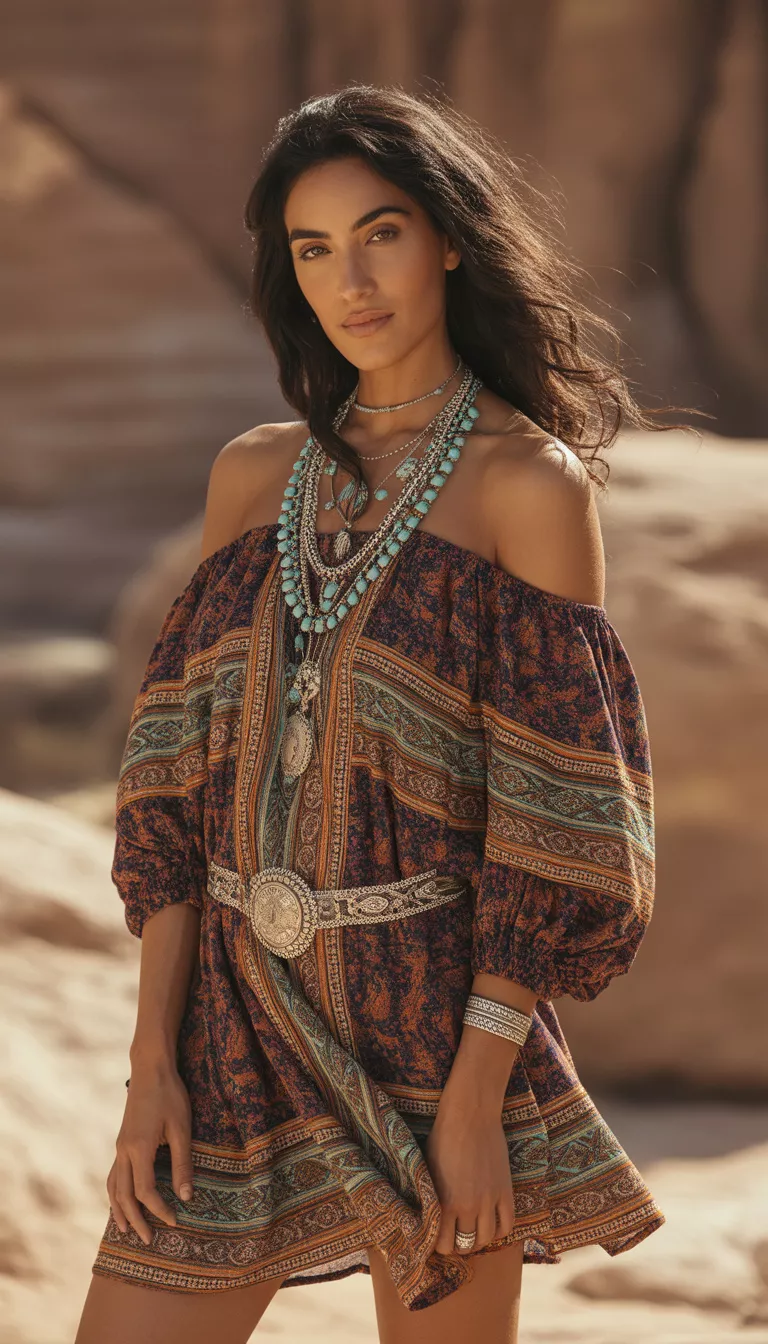 A beautiful woman in a richly patterned off the shoulder mini dress, she wears large turquoise and silver tribal jewelry including layered necklaces and belts.