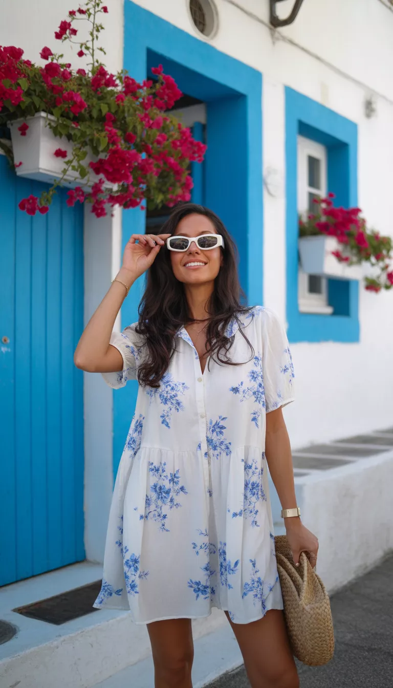 A beautiful woman in a white mini dress with blue floral prints, she wears white sunglasses and carries a woven straw bag while posing outside a bright blue and white building.