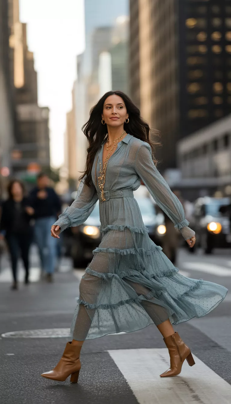 A beautiful woman in a sheer ruffled dusty blue ankle length outfit, she wears tan ankle boots and bold gold jewelry while walking down a city street.