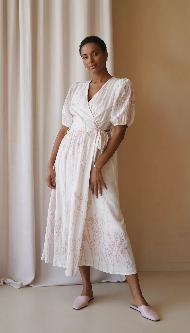 A beautiful woman in a white midi wrap dress patterned with pink botanicals and short puffed sleeves, she wears light pink flat slides in a simple beige setting.