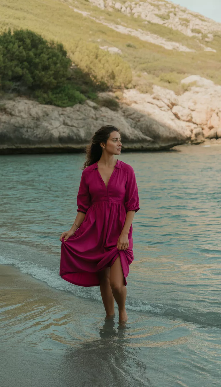 A beautiful woman in a bright magenta knee-length dress and a large straw tote bag, she stands in shallow water near a rocky shore holding up her hem.