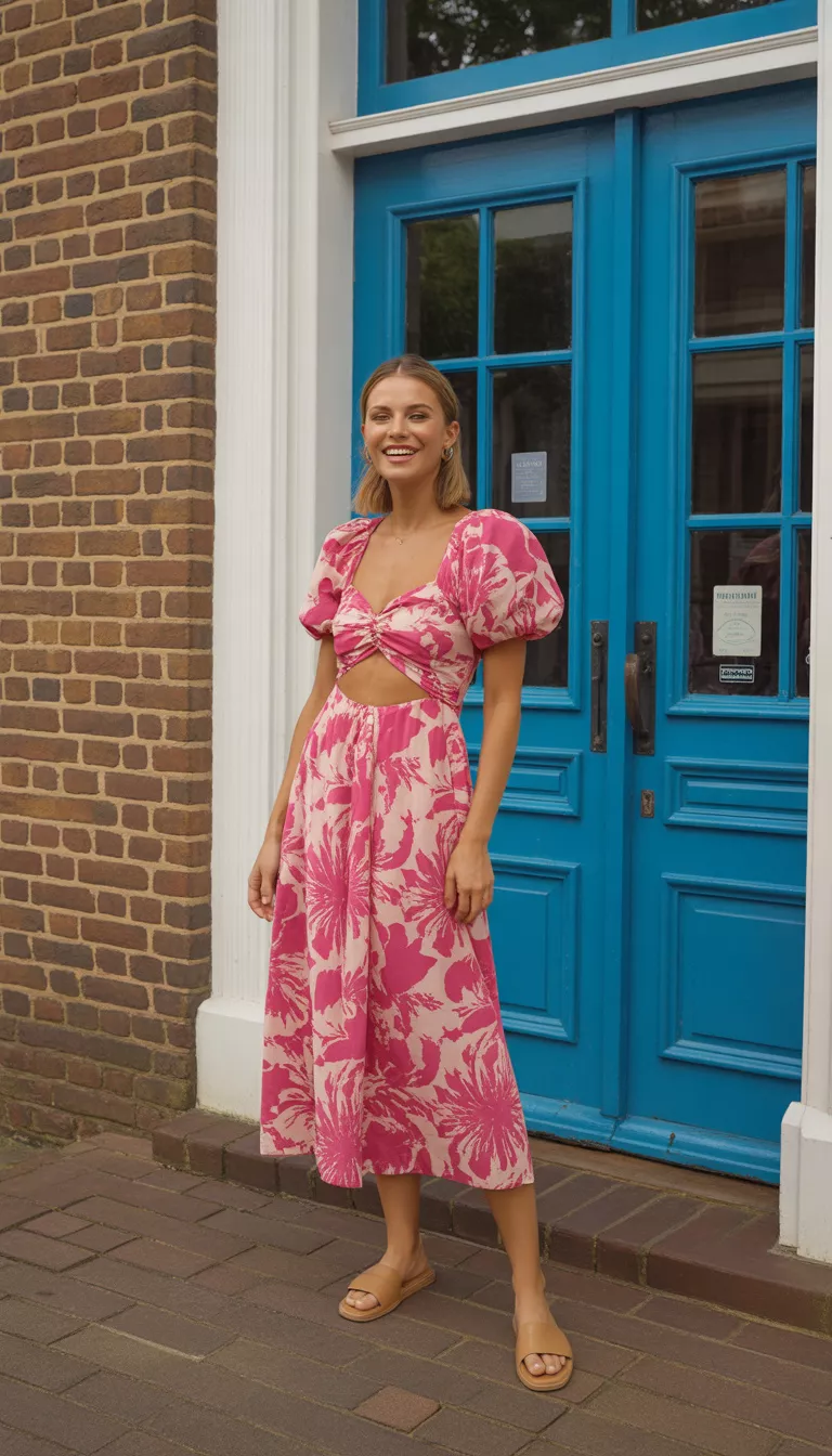 A beautiful woman in a pink and white bold floral print cutout dress and flat tan sandals, she stands in front of a brick building with bright blue doors.