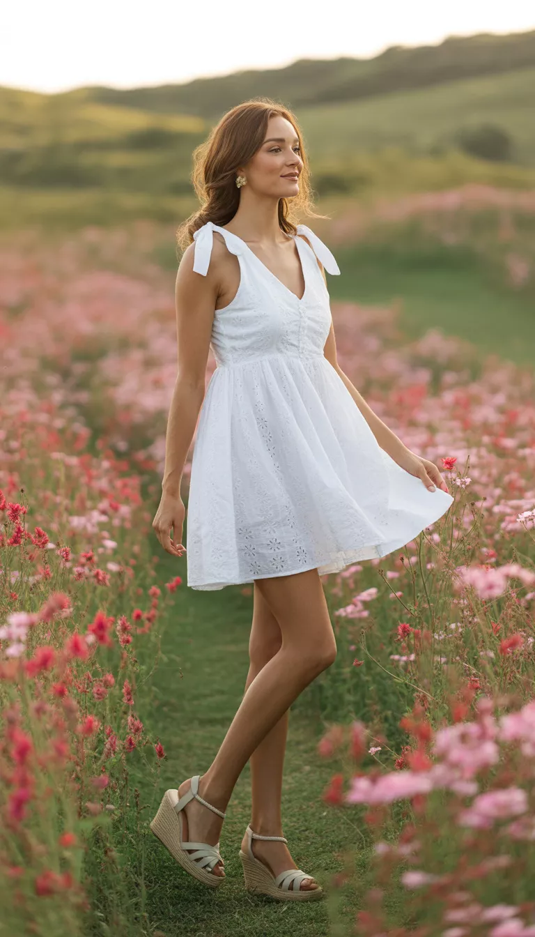 A beautiful woman in a white eyelet sundress with tie shoulders, a flared mini skirt, and tall beige wedge sandals, she stands among pink and red flowers.