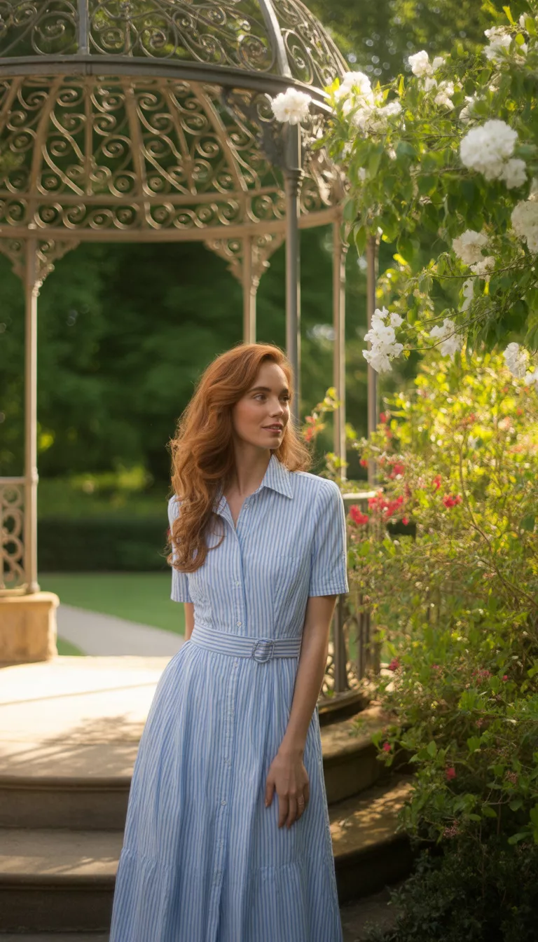 A beautiful woman in a light blue and white vertical striped midi shirt dress with short sleeves, a fitted waist, and button-front, she stands in a sunny garden near a gazebo.