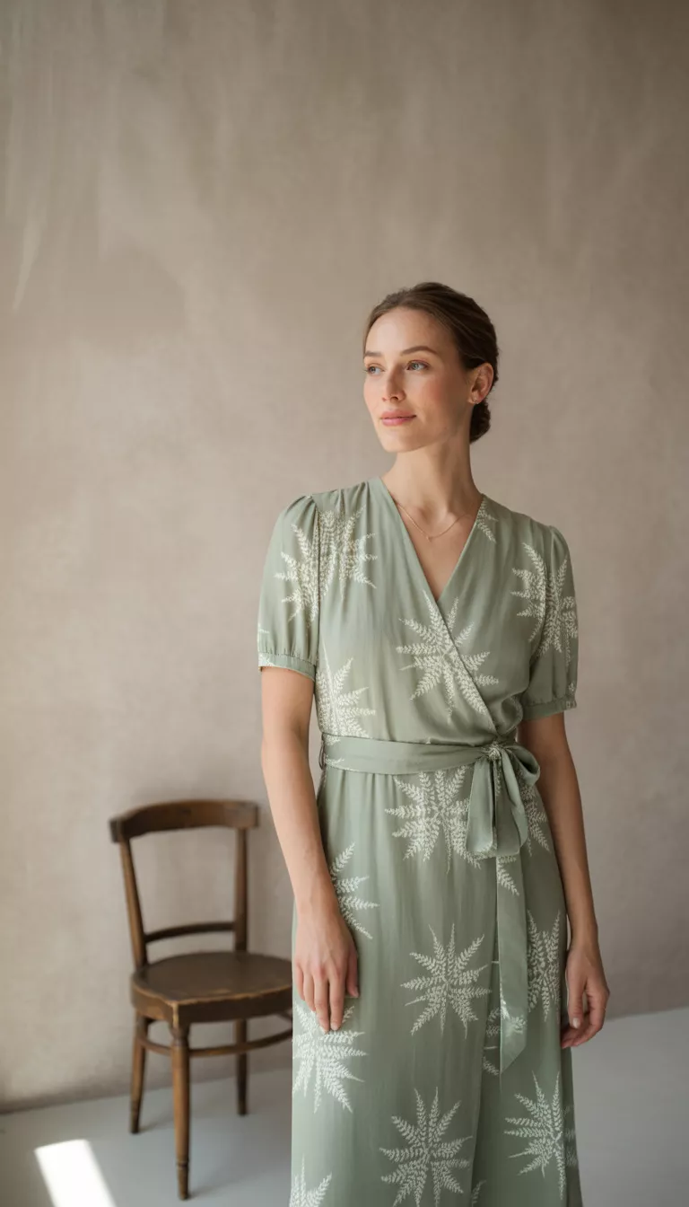 A beautiful woman in a sage green midi wrap dress featuring white dotted fern patterns, short puff sleeves, and a self-tie belt, posing against a neutral textured wall.