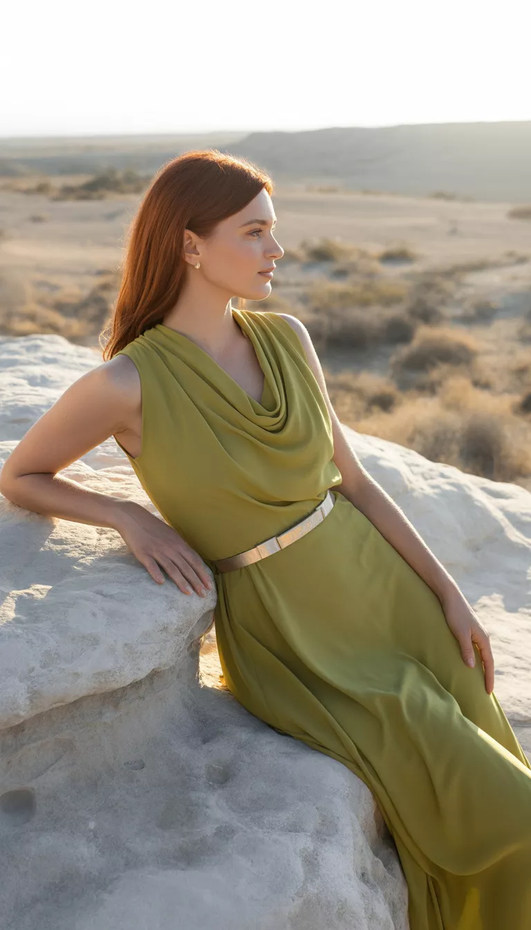 A beautiful woman in a silky olive-green cowl neck midi dress with a metallic belt, she leans against a large light-colored rock formation in a dry landscape.