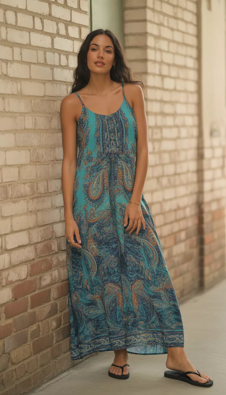 A beautiful woman in a vibrant multi-patterned paisley maxi dress in teal, blue, and orange, she wears thin black flip-flops against a textured wall.