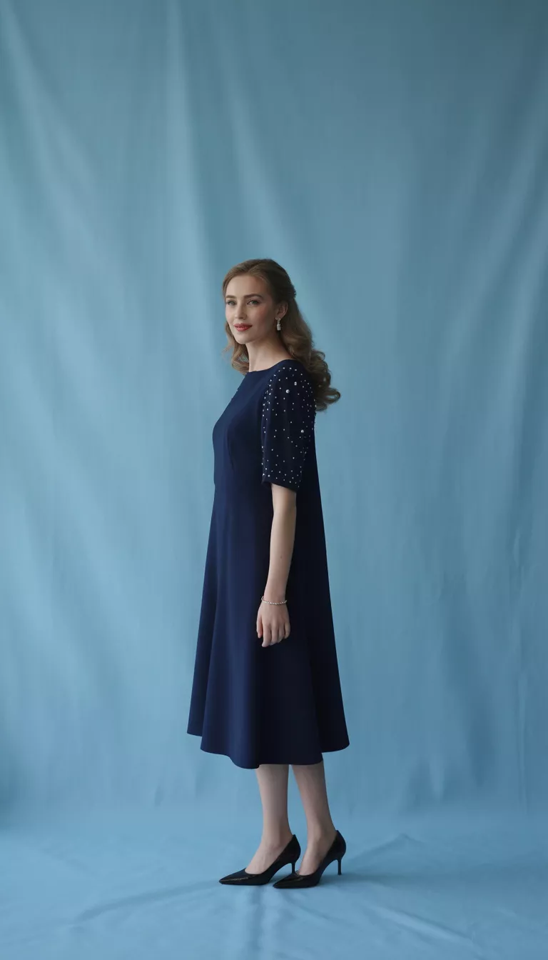 A beautiful woman in a navy blue A-line dress with pearl studs on the sleeves and bodice, and black pointed heels, she poses against a solid light blue background.