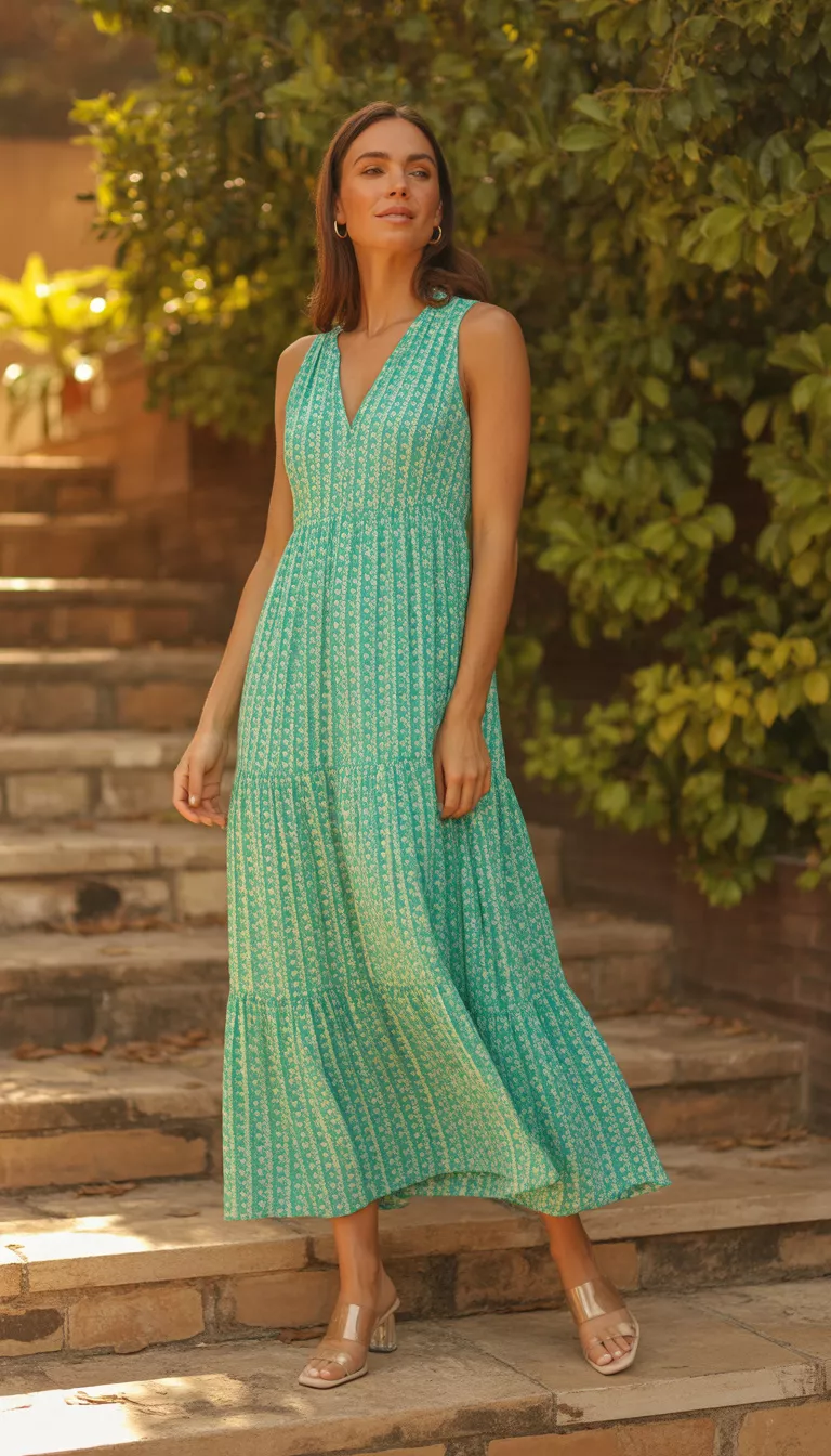 A beautiful woman in a tiered green and white large leaf print maxi dress with a V-neck and clear strap mules, she stands outdoors on stone pavers.