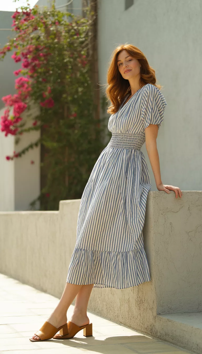 A beautiful woman in a blue and off-white vertical striped midi dress with a smocked waist, ruffled hem, and low block-heeled mules, she leans against a pale wall.