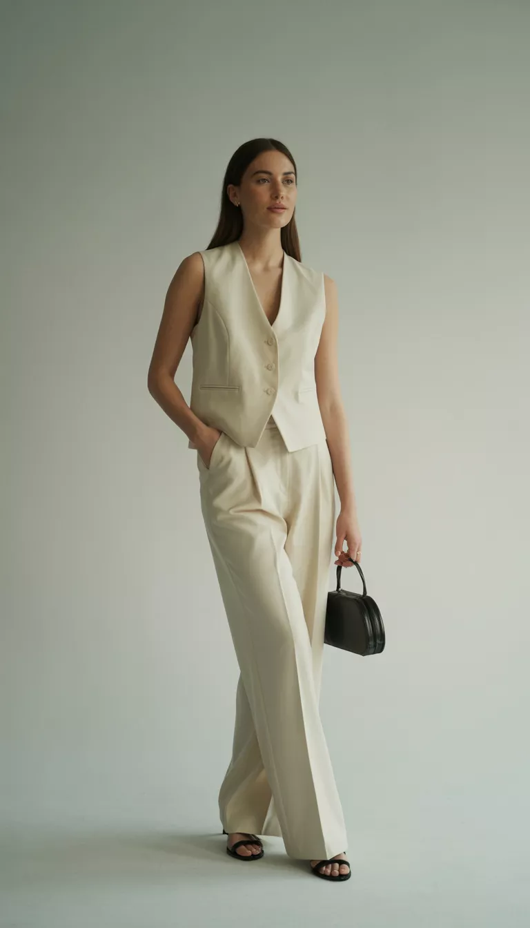 A realistic photo of a woman posing indoors wearing a cream tailored vest and matching high waisted wide trousers, paired with black flat sandals and a small black handbag.
