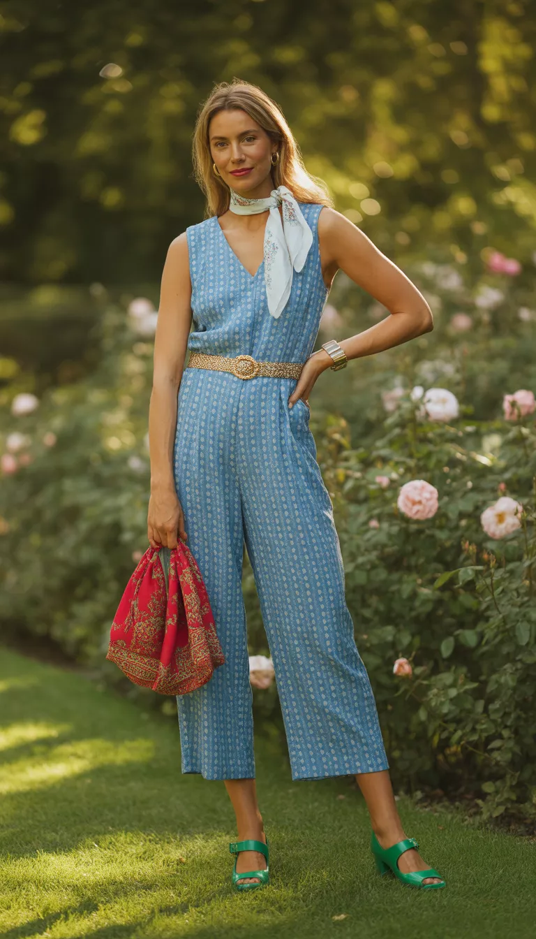 A realistic photo of a woman wearing a blue and white polka dot sleeveless playsuit with a gold belt, a white scarf around the neck, a red patterned scarf bag, and bright green Mary Jane sandals.