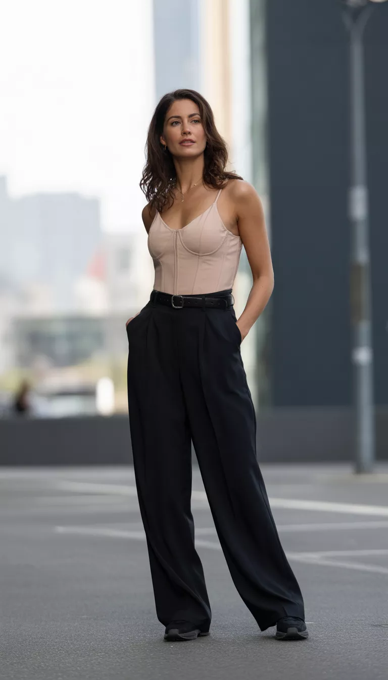 A realistic photo of a woman wearing a nude nude corset style camisole with high waisted wide leg black trousers, cinched with a black belt, and black sneaker style shoes.