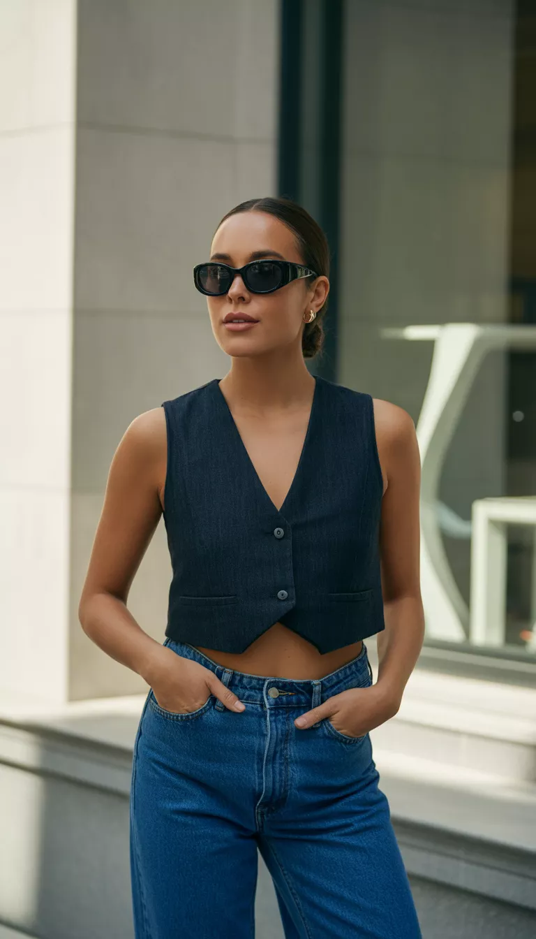 A realistic photo of a woman wearing a dark navy V neck cropped vest tucked into high waisted wide leg blue jeans, paired with black simple sandals and sleek black sunglasses.