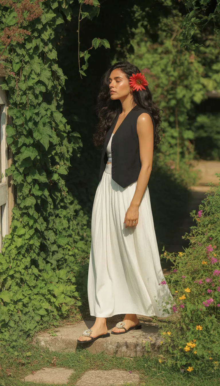 A realistic photo of a woman in a lush garden wearing a black sleeveless vest buttoned over a voluminous white maxi skirt, featuring a red flower in her hair and embellished black flat sandals on a stone path.