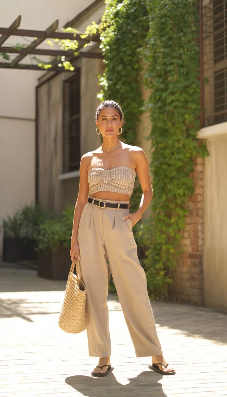 A realistic photo of a woman wearing a beige patterned bandeau top tucked into high waisted loose fitting beige trousers with a black belt, finished with black simple flip flop sandals.