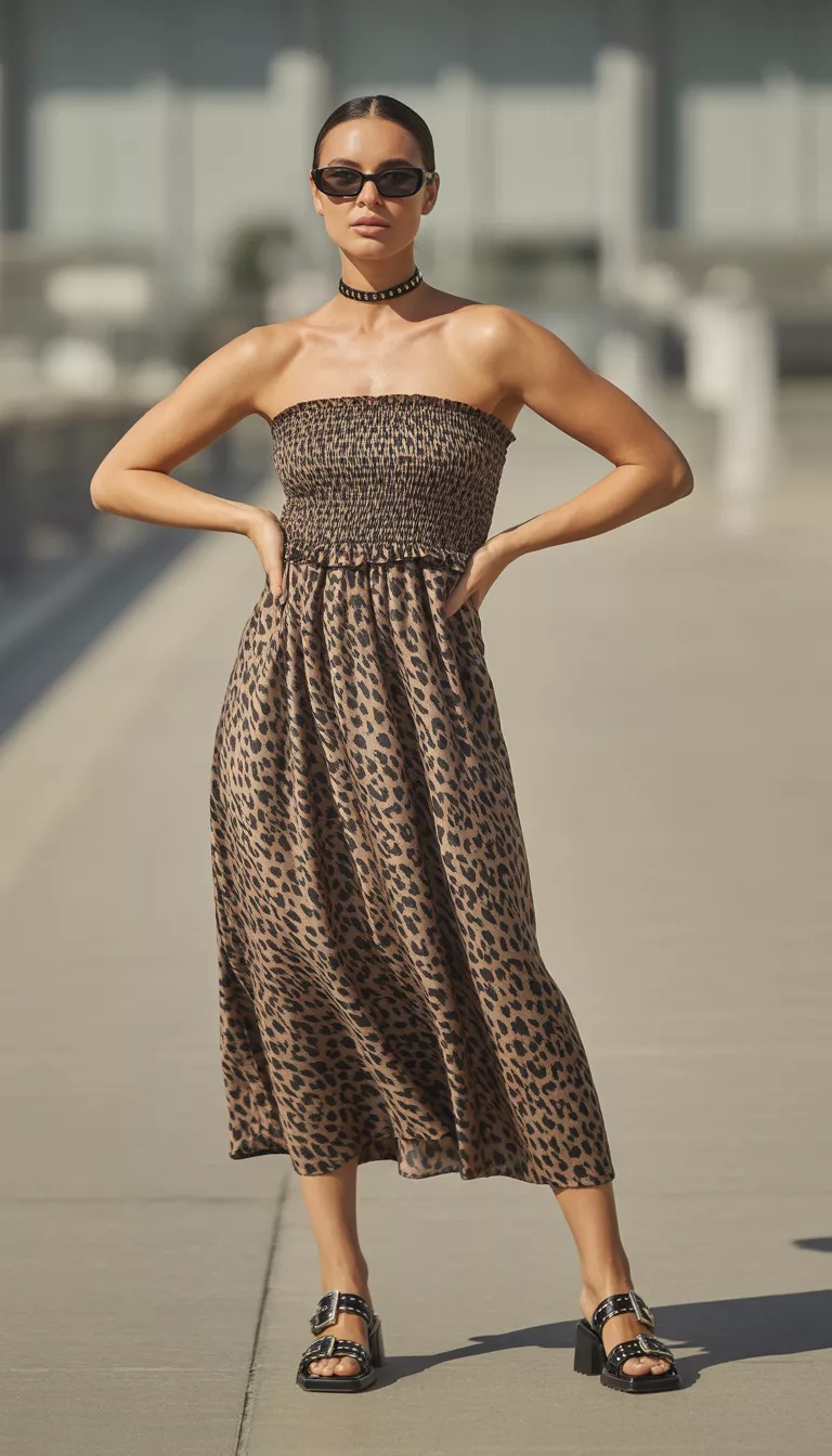 A realistic photo of a woman modeling a strapless smocked leopard print midi dress with a black studded choker, black chunky buckle sandals, and dark rectangular sunglasses.