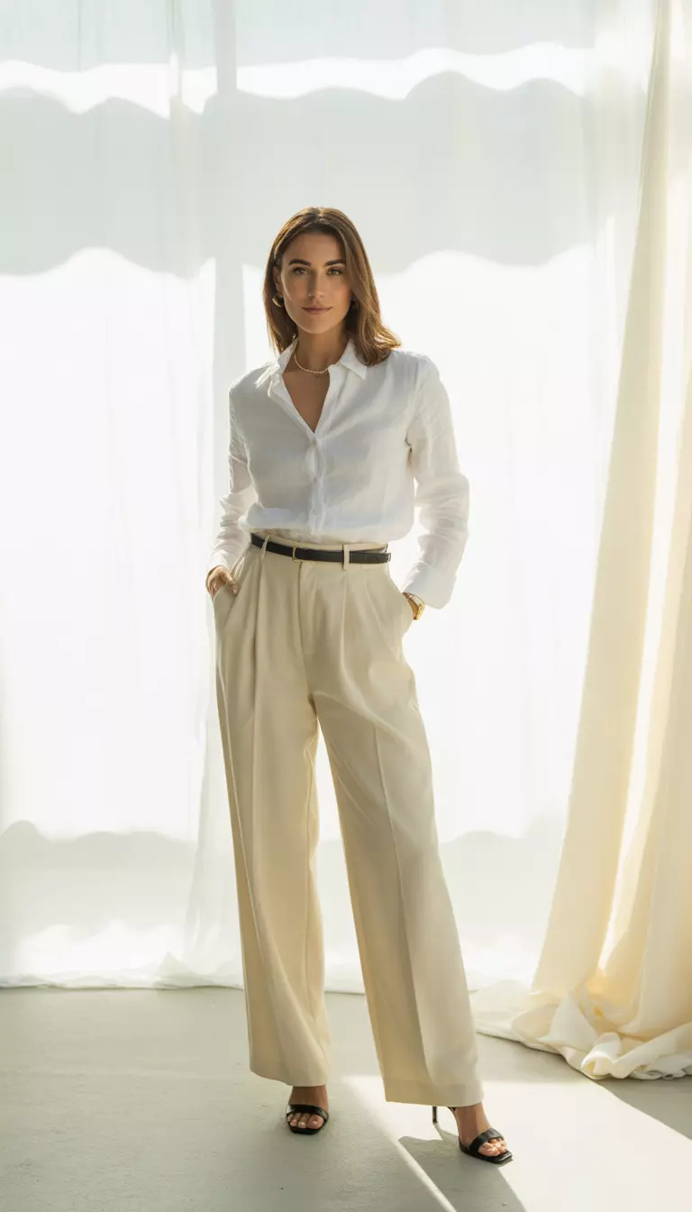 A realistic photo of a woman in a white linen button down shirt tucked into high waisted cream wide leg trousers with a black leather belt and black heeled sandals.
