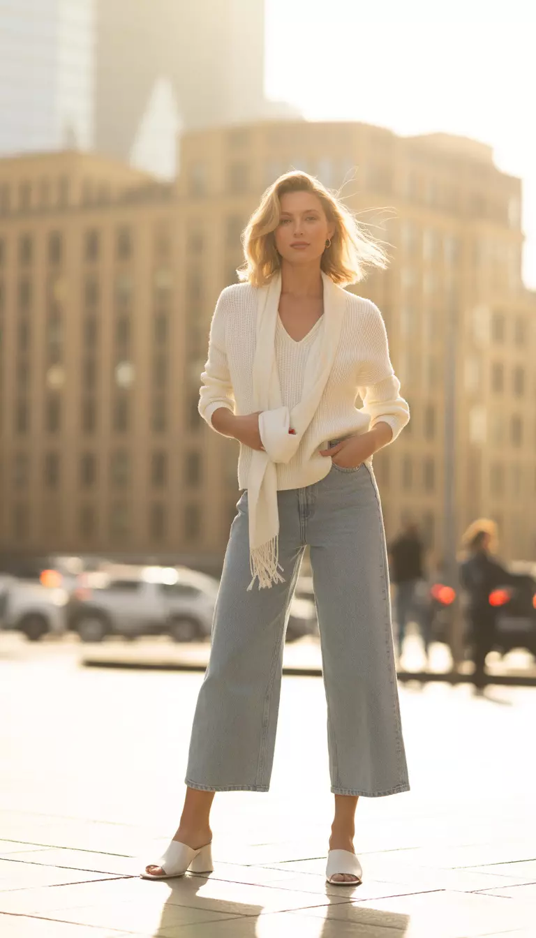 A realistic photo of a woman wearing a white V neck knitted top with a matching scarf detail over blue wide leg cropped jeans and white mules.