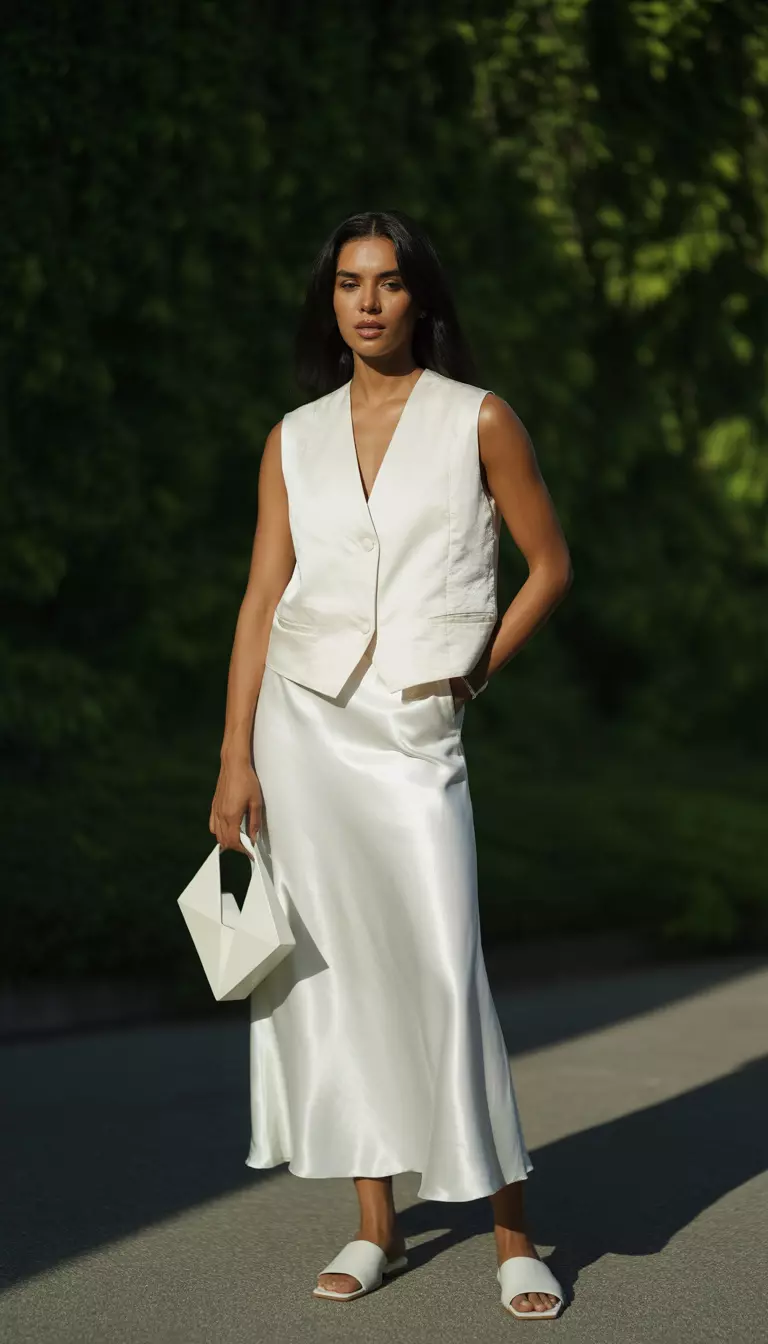 A realistic photo of a woman in an all white outfit featuring a sleeveless V neck vest, a long white satin skirt, white slide sandals, and a small geometric white bag.