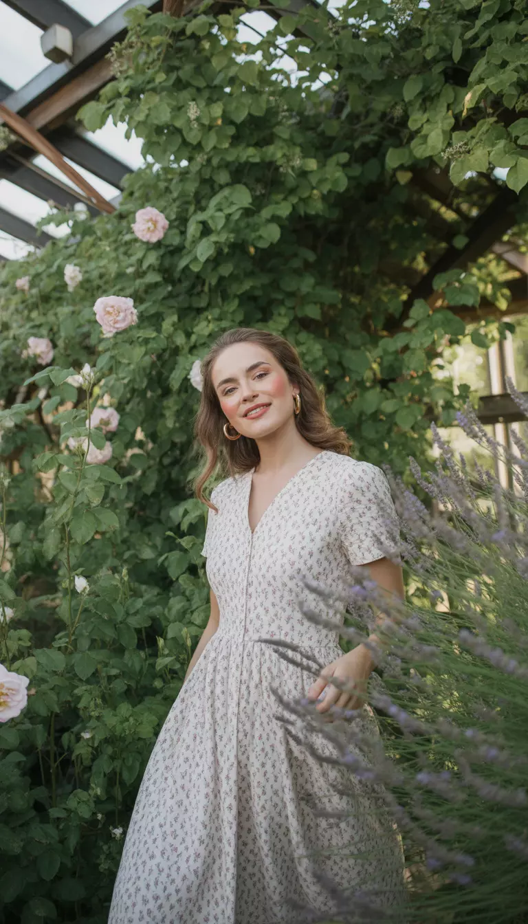 A realistic photo of a woman wearing a white midi dress with short sleeves and a pink floral print, paired with nude ankle strap high heels in a lush garden setting.