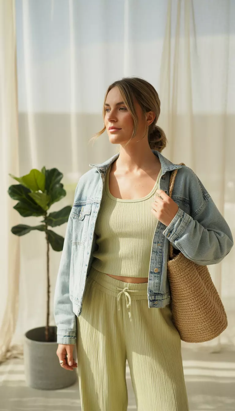 A realistic photo of a woman in a light sage green ribbed tank and matching wide leg pants, layered with a light wash distressed denim jacket and a woven tote bag.
