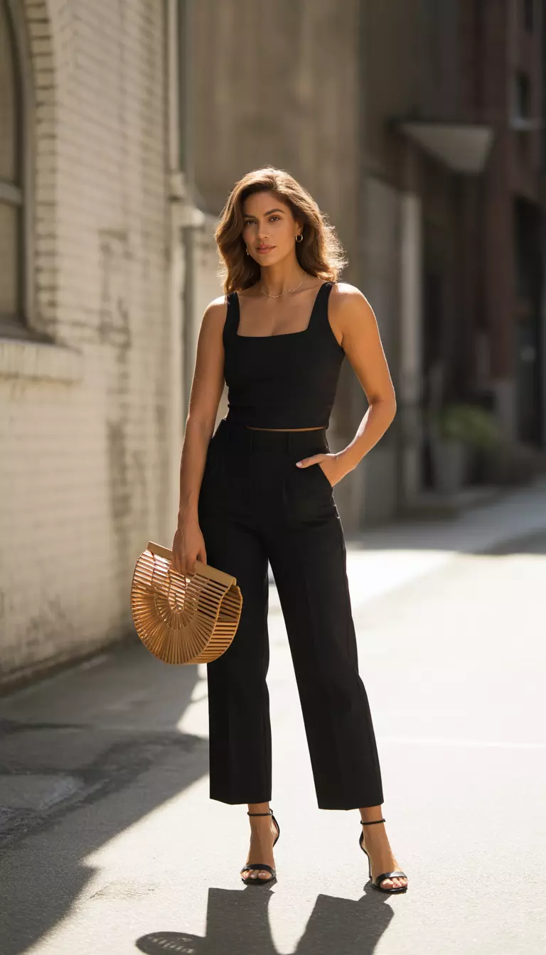 A realistic photo of a woman wearing a black square neck tank top with black wide leg cropped trousers and black heeled sandals, carrying a circular wooden handbag.