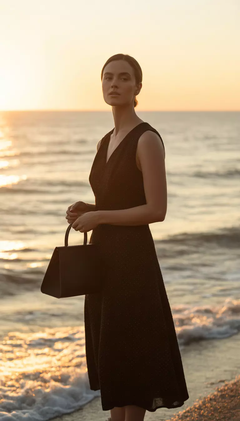 A realistic photo of an elegant woman in a sleeveless black midi dress with a V neck, holding a structured black handbag while standing by the sea at sunset.