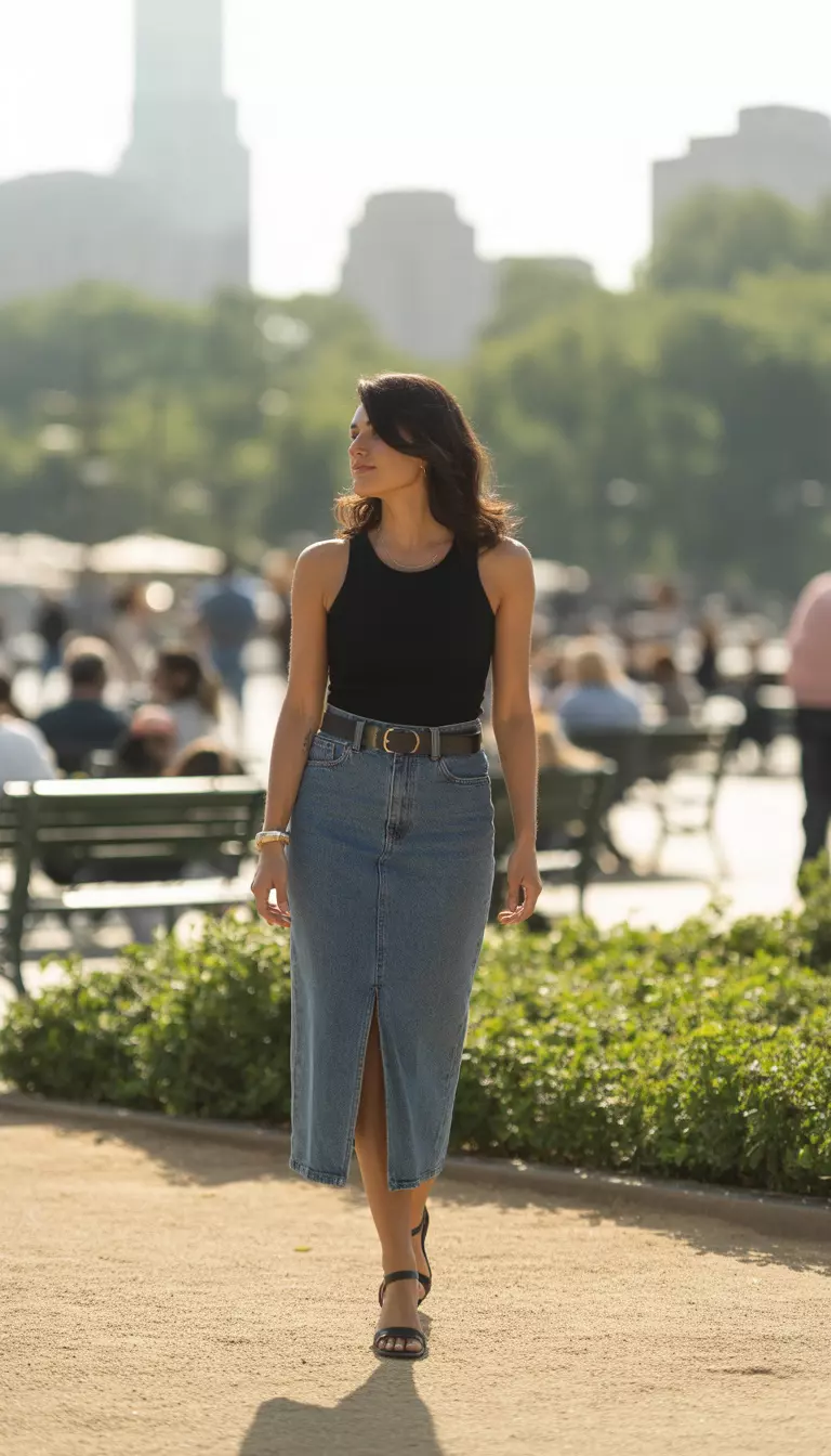A realistic photo of a woman wearing a black sleeveless top with a black belt and a medium wash denim midi skirt with a front slit, paired with black minimalist sandals.