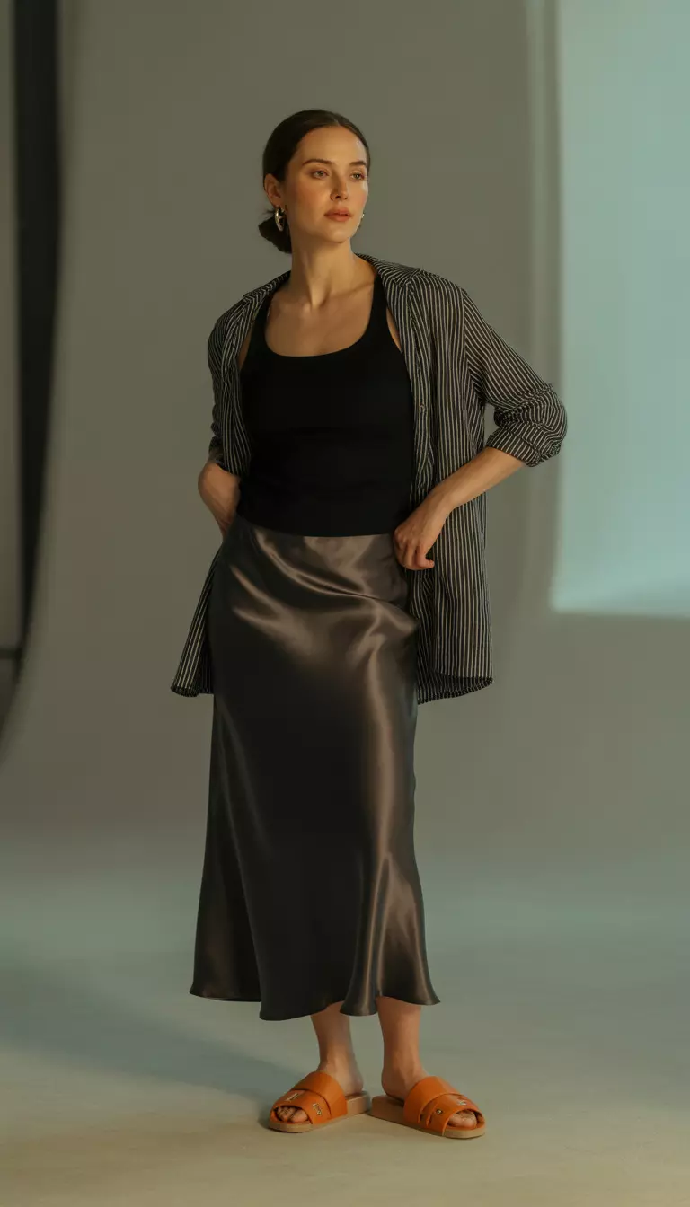 A realistic photo of a woman wearing a black tank top and a long black satin skirt, with a black and white striped vest draped over her shoulders and orange slide sandals.