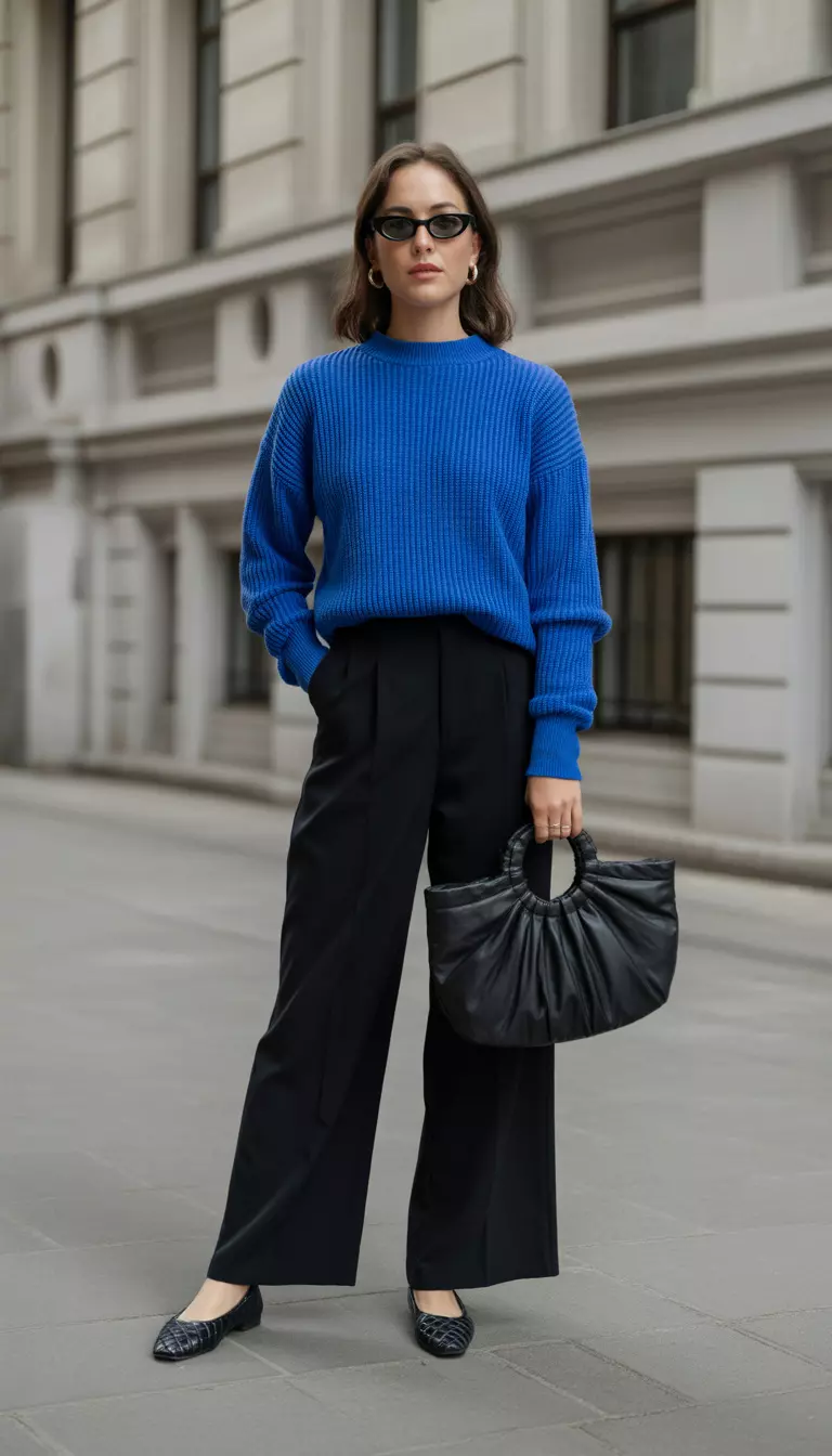 Knit Layers And Cat Eye Cool A beautiful woman in a blue knit sweater, wide-leg black trousers, cat-eye sunglasses, black quilted ballet flats, and a black gathered tote.