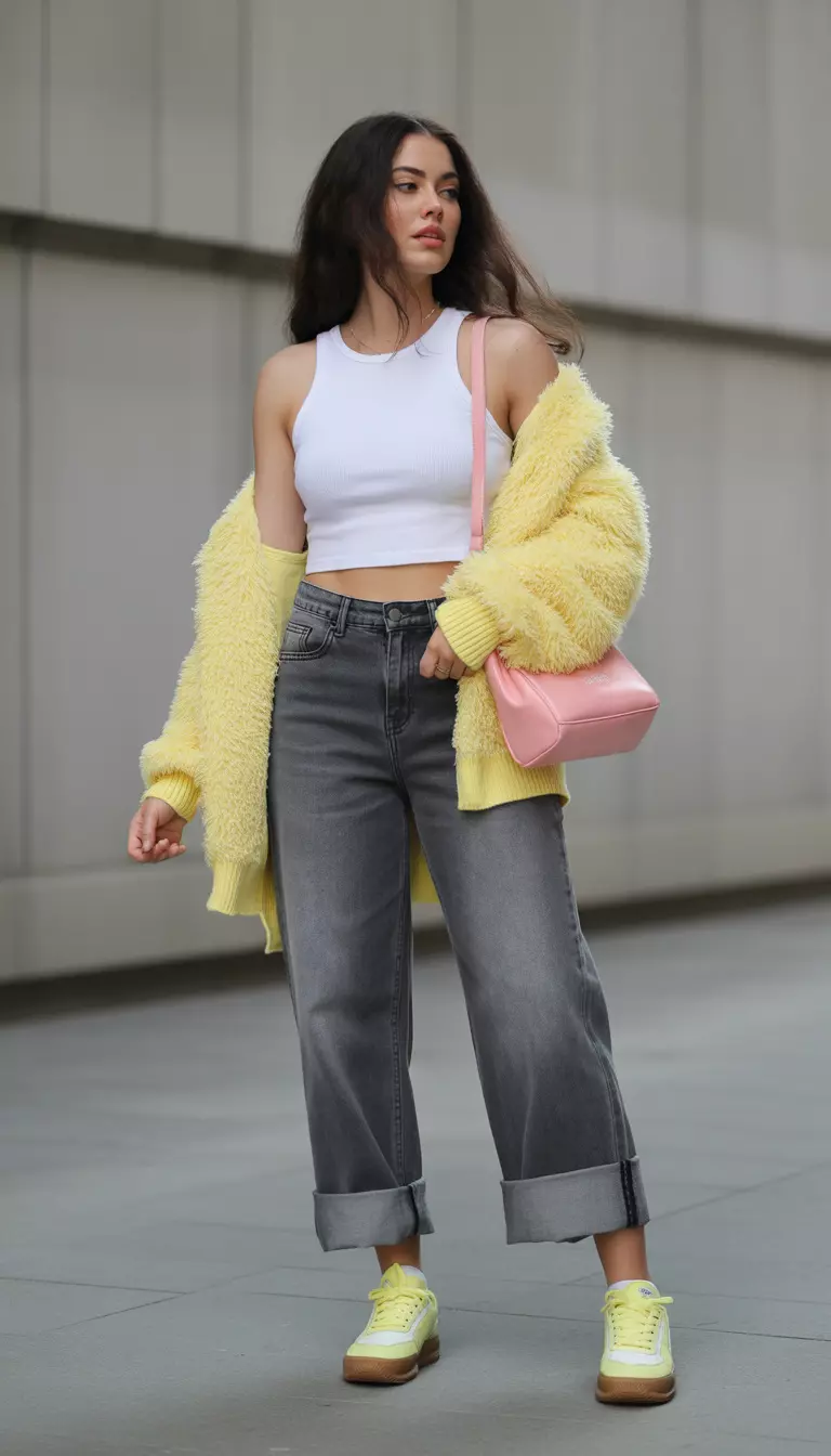 Sunshine Yellow And Fluffy Textures A beautiful woman in a white crop top, grey wide-leg cuffed jeans, fluffy yellow cardigan, yellow sneakers, and a pink shoulder bag.