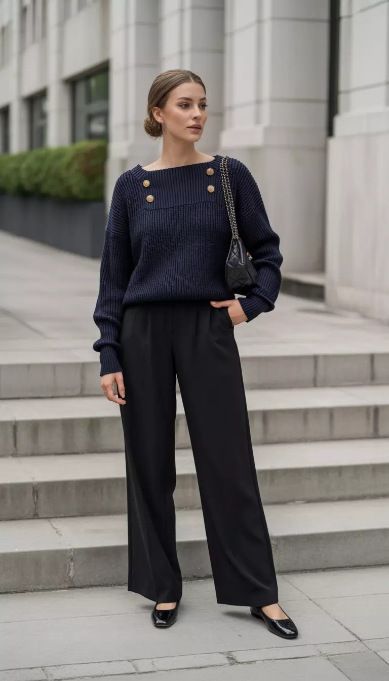 Navy Boat Neck Elegance A beautiful woman in a navy blue boat-neck sweater with gold buttons, wide-leg black trousers, black ballet flats, and a black quilted shoulder bag.