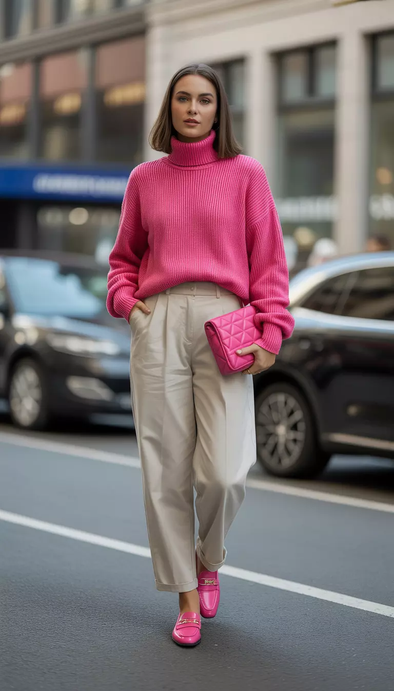 Pink Punch And Polished Trousers A beautiful woman in a bright pink chunky turtleneck sweater, beige high-waisted trousers, pink loafers, and a pink quilted bag.