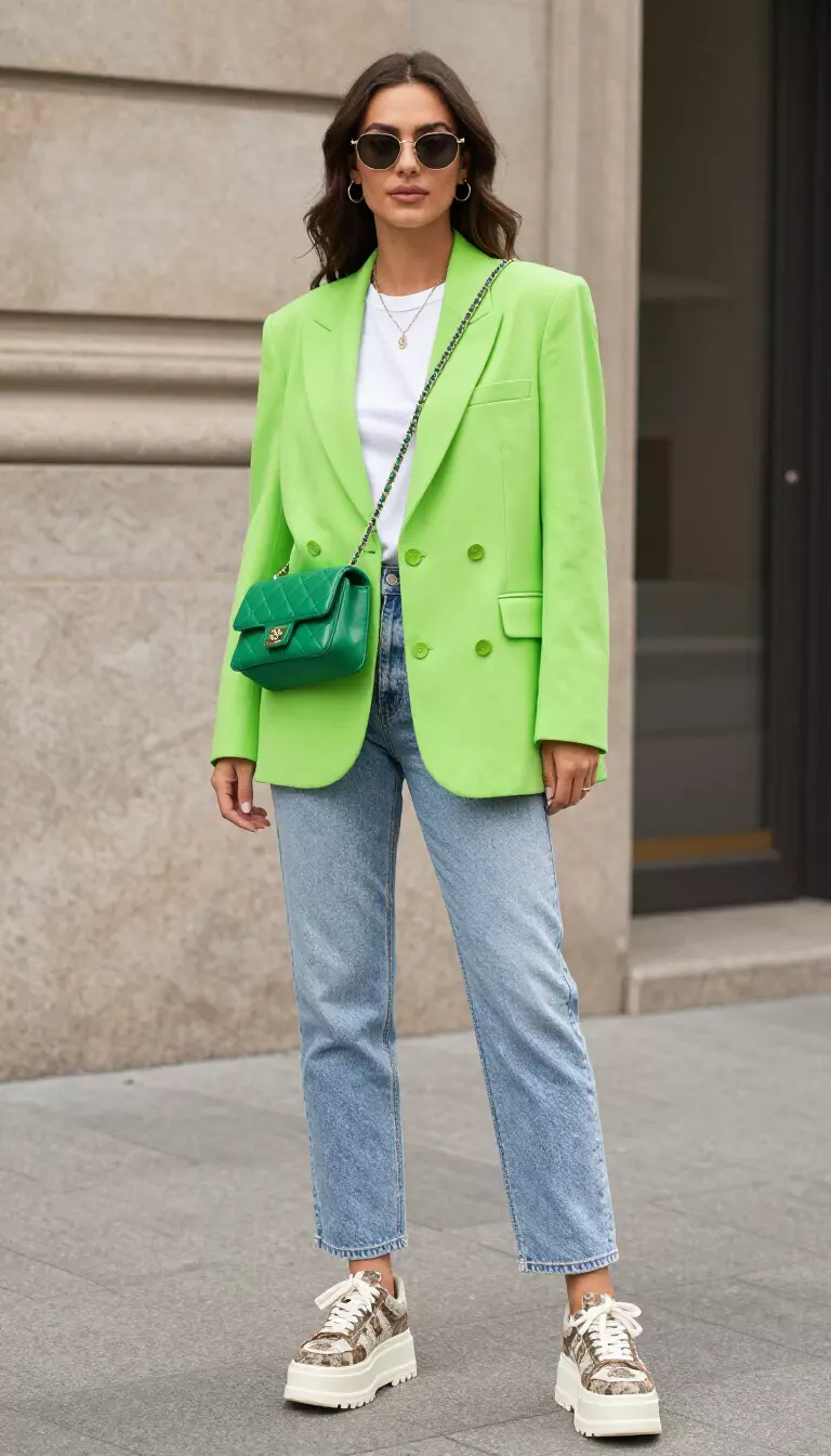 A beautiful woman in a neon green blazer, white tee, light-wash jeans, chunky patterned platform sneakers, and a quilted green crossbody bag.