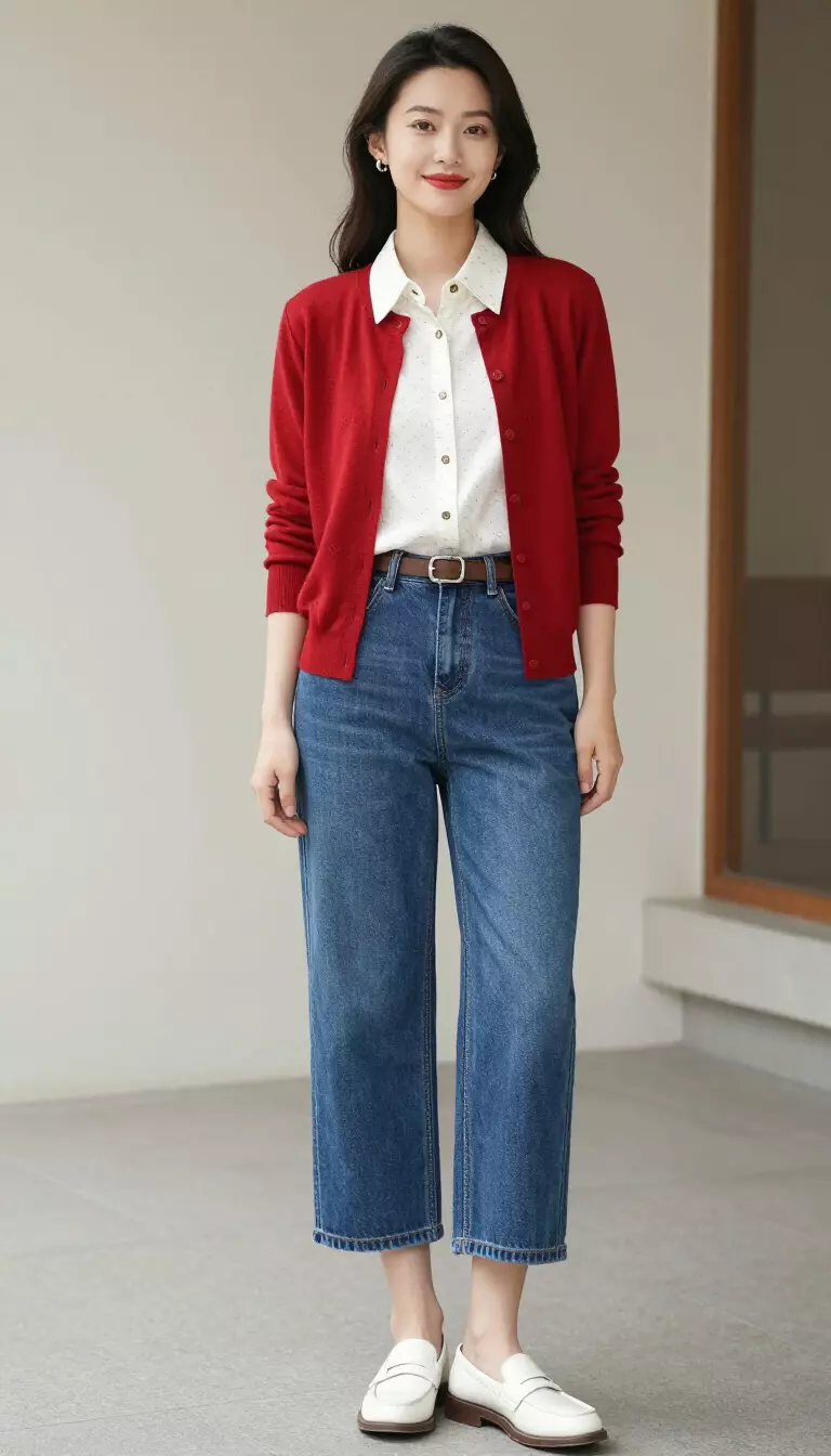 A beautiful woman in a red button-up cardigan, white patterned shirt, brown belt, brown trousers tucked into blue wide-leg cropped jeans, and white loafers.