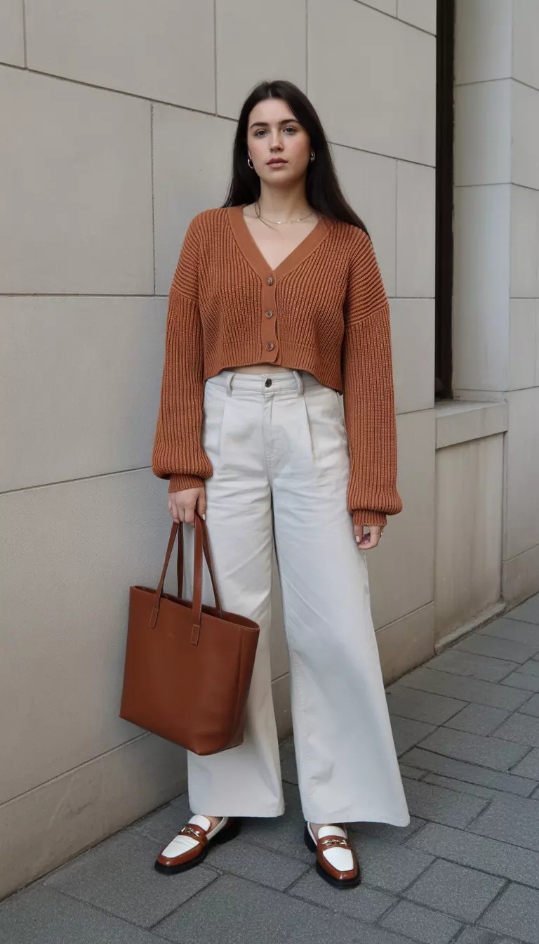 A beautiful woman in a cropped burnt-orange cardigan, wide-leg white trousers, brown and white two-tone loafers, and a brown leather tote bag.