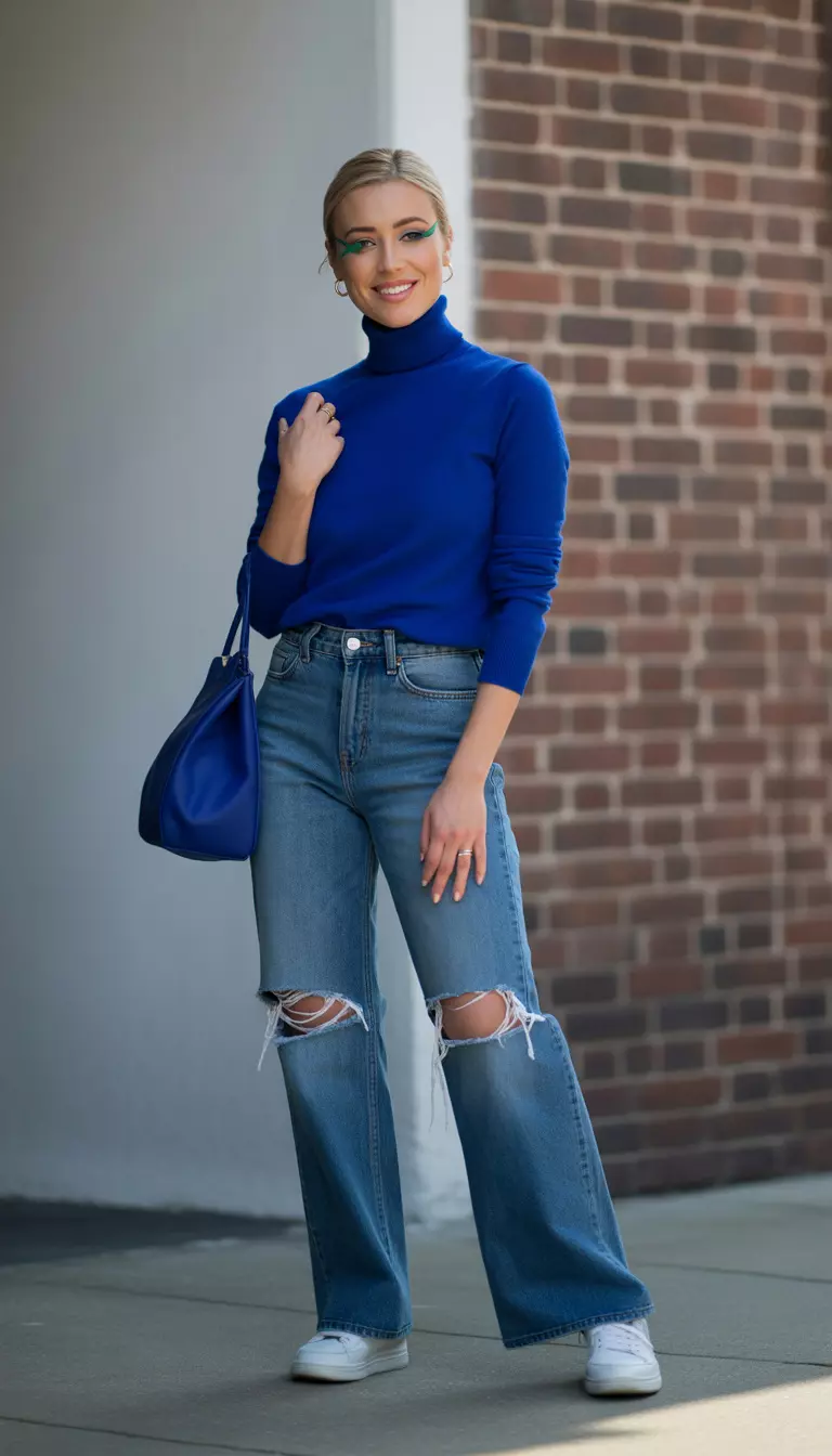 Royal Blue Monochromatic Magic A beautiful woman in a royal blue turtleneck sweater, ripped wide-leg jeans, white sneakers, and a royal blue handbag.