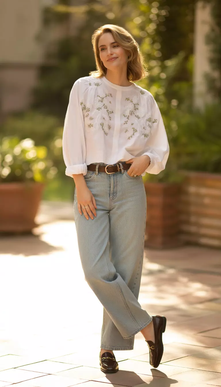 Floral Embroidery For Chilly Walks A beautiful woman in a white floral embroidered sweater, light-wash wide-leg jeans, dark belt, and dark brown horsebit loafers.