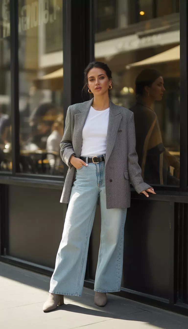 A beautiful woman in a grey herringbone blazer, white top, light-wash wide-leg jeans, black belt, and taupe ankle boots.