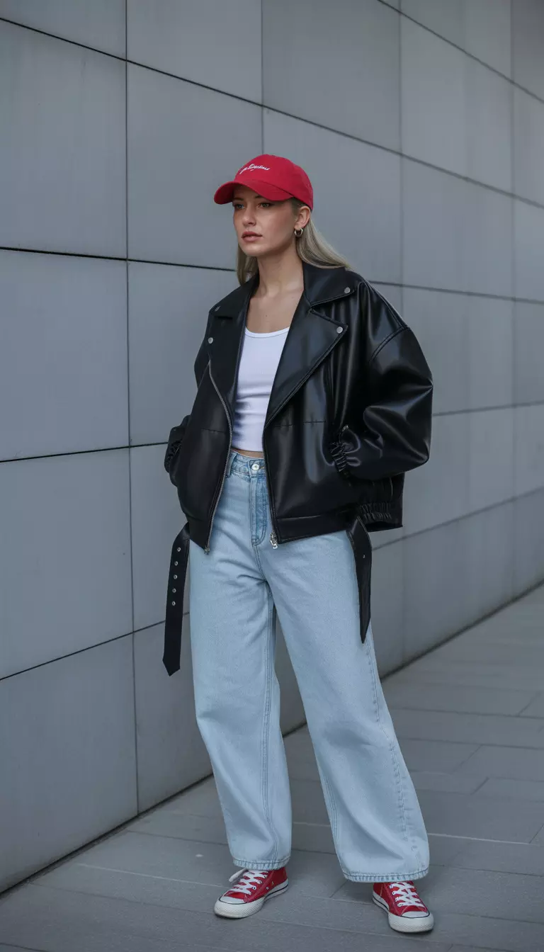 Edgy Leather Meets Baggy Blue Jeans A beautiful woman in an oversized black faux leather jacket, white top, light-wash baggy jeans, red sneakers, and a red baseball cap.