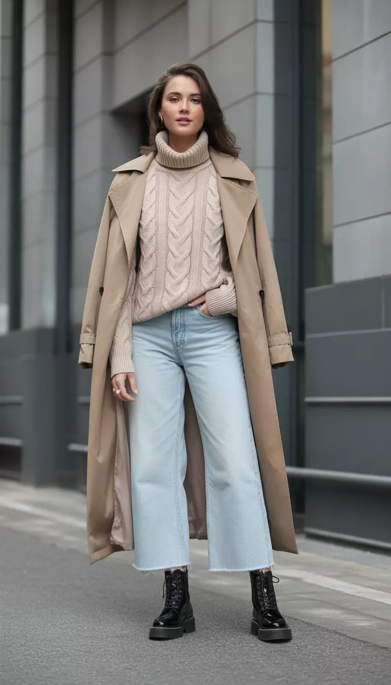 Cable Knit And Trench Comfort A beautiful woman in a cable-knit beige turtleneck sweater, wide light-wash cropped jeans, black lace-up boots, and a beige trench coat.