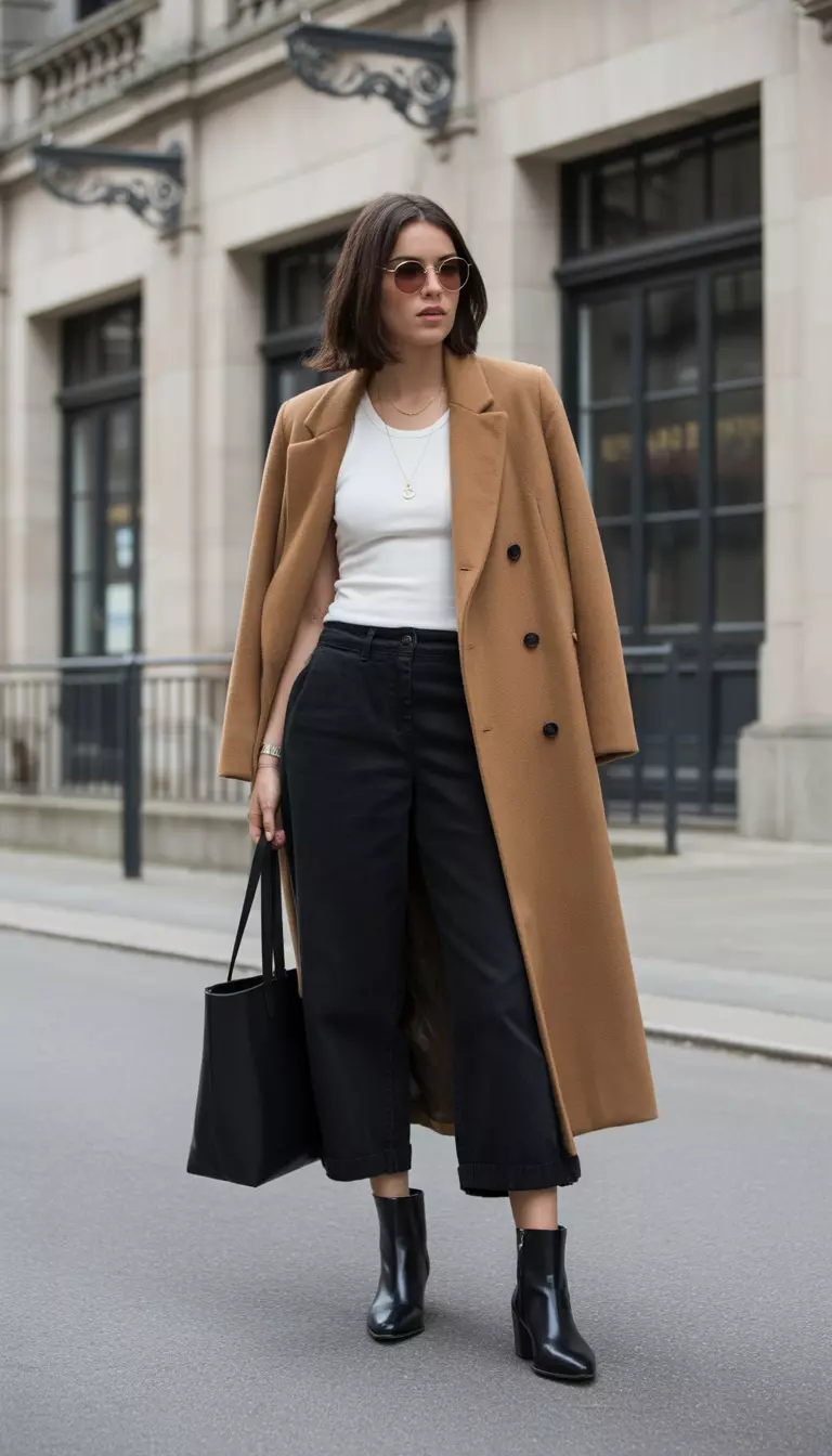 A beautiful woman in a white top, black cropped wide-leg trousers, long double-breasted camel coat, black ankle boots, and a black tote bag.