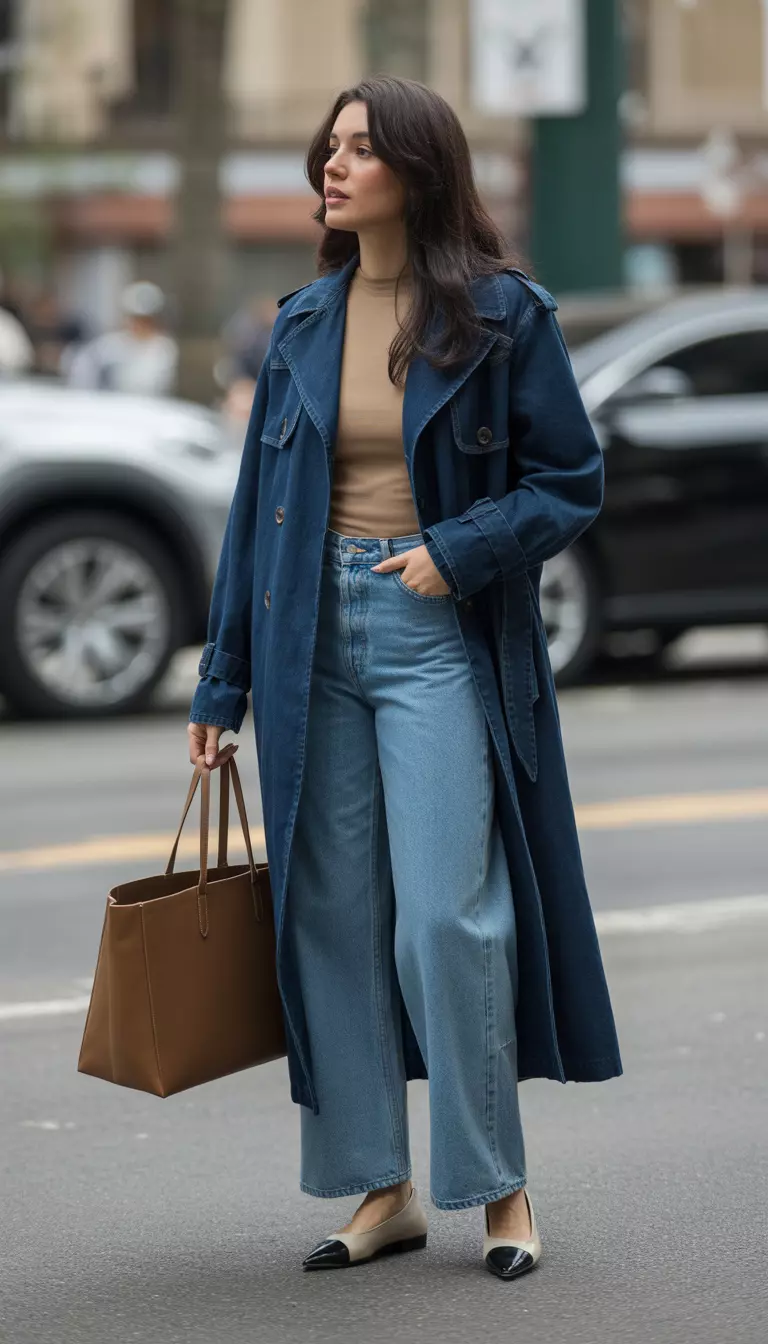 The Indigo Denim Trench Statement A beautiful woman in a long dark indigo denim trench coat, wide-leg jeans, beige and black cap-toe flats, and a brown tote bag.