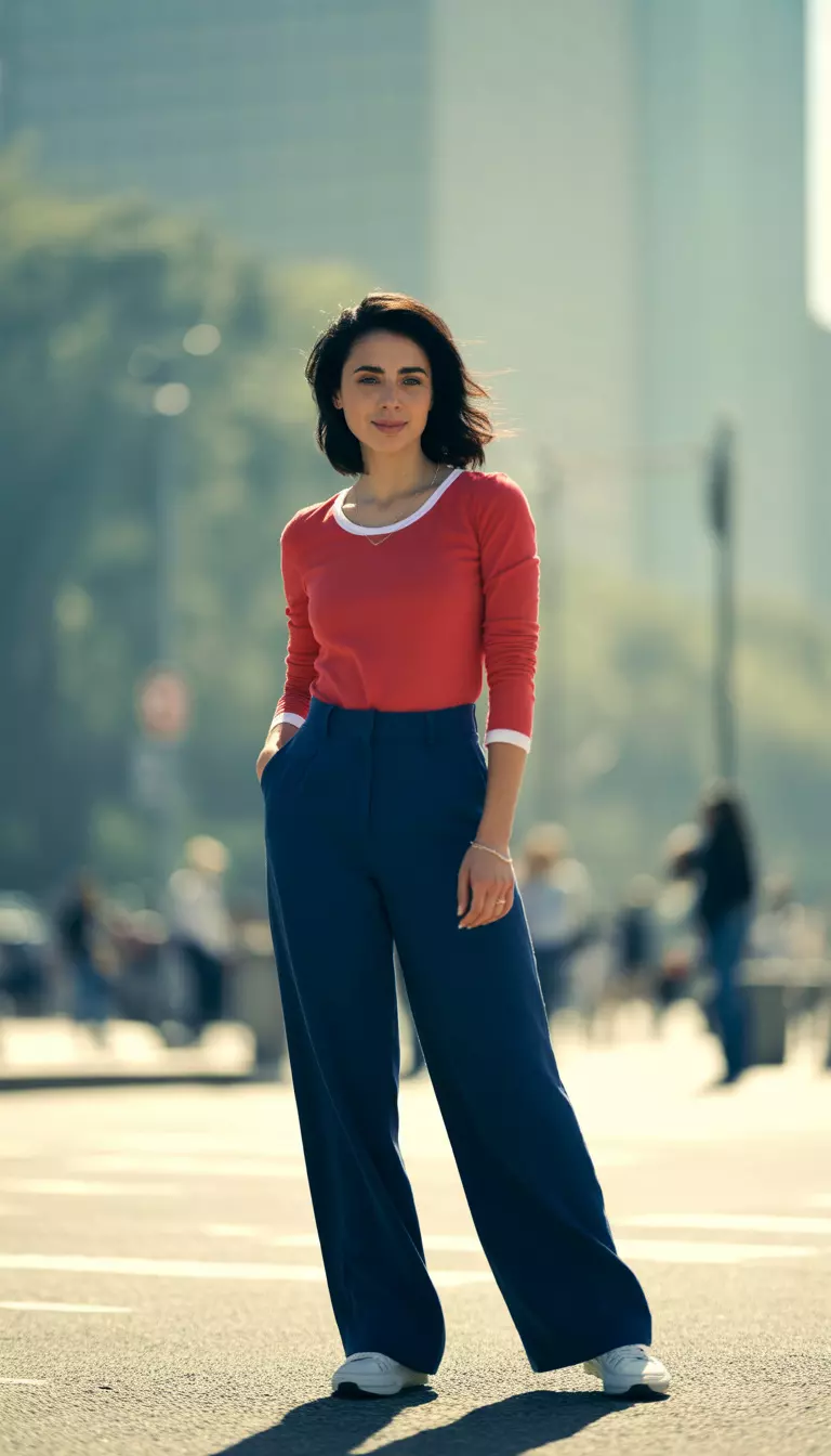Sporty Red And Navy Contrast A beautiful woman in a red long-sleeve top with white trim, wide-leg navy trousers, and white sneakers.