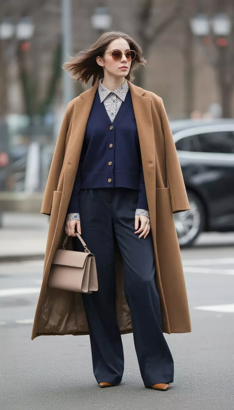 The Triple Layer Masterclass A beautiful woman in a navy cardigan, patterned collar shirt, dark wide-leg trousers, long camel wool coat, and a beige handbag.