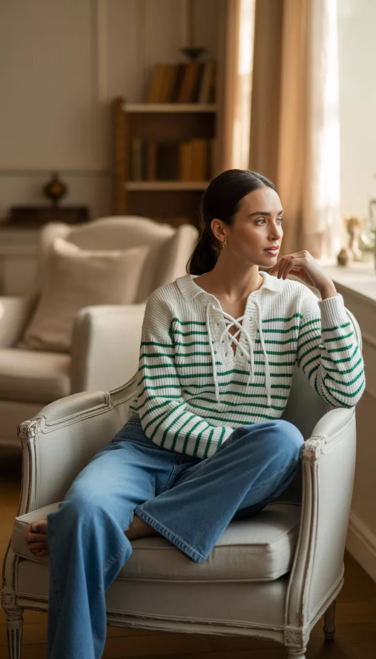 A beautiful woman in a white and green striped lace-up sweater and flared blue jeans, she sits on a white armchair looking off to the side.