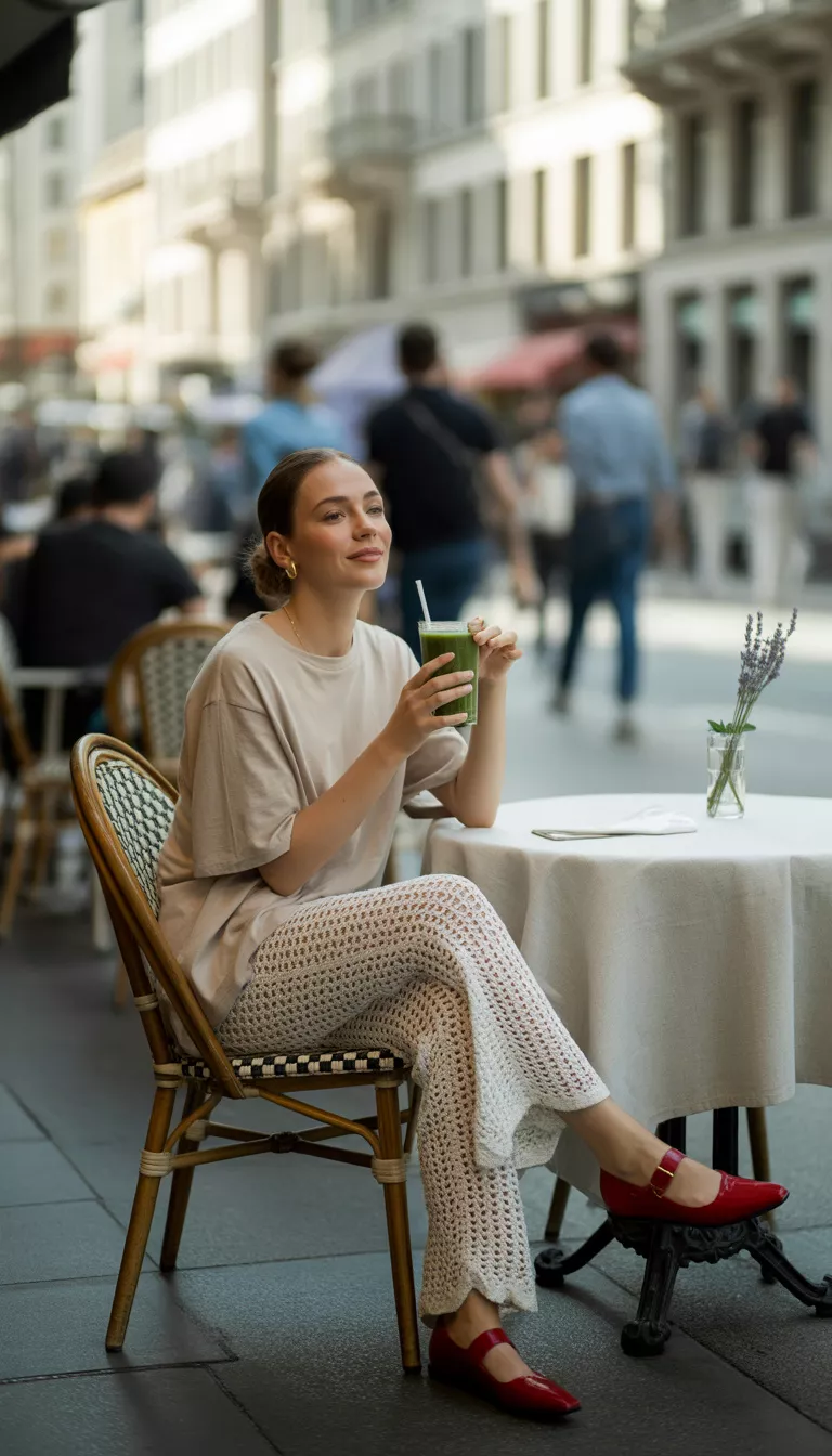 A beautiful woman in a beige oversized t-shirt, delicate crochet white wide-leg pants, and red shoes, she holds a green drink near outdoor cafe seating on a city sidewalk.
