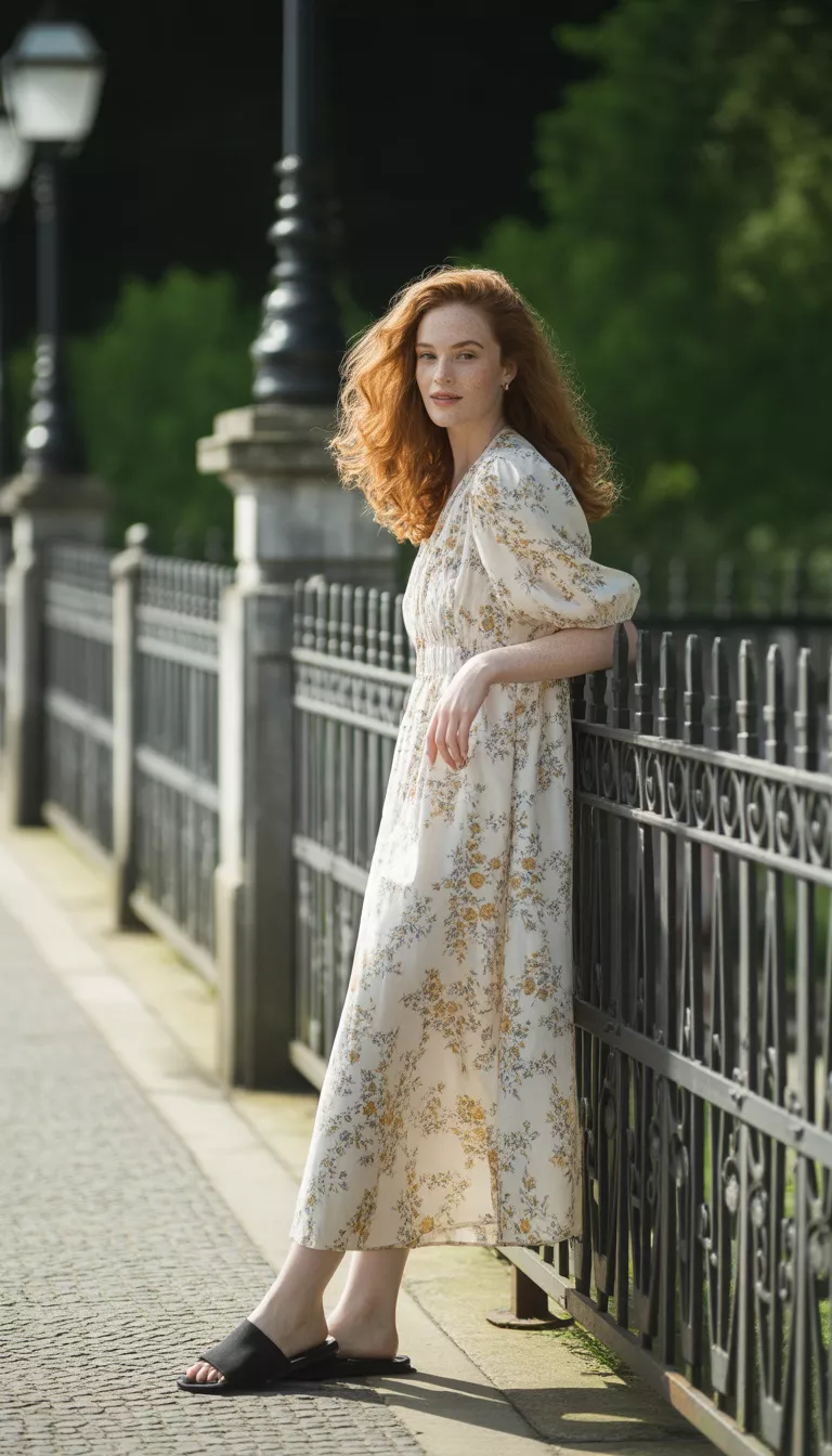 A beautiful woman in a white ankle-length puff-sleeve floral dress and black flat slides, she stands on patterned pavement next to a black metal fence.