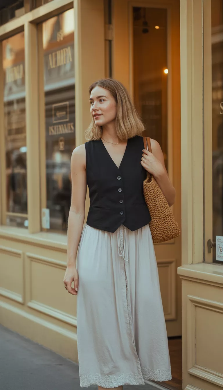 A beautiful woman in a black button-up vest over a long white skirt with lace trim, she carries a woven brown tote bag near shop windows.